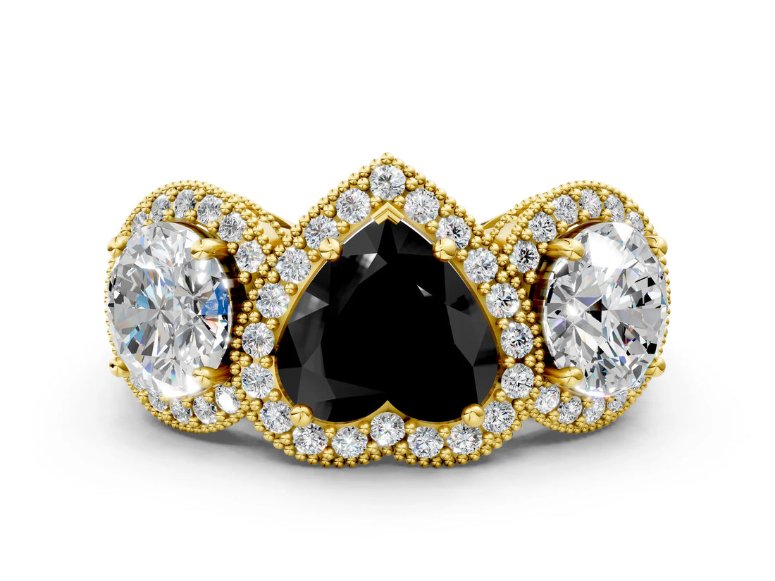 Yellow gold Three-Stone Fancy Black Heart Cut Halo Diamond Milgrain Band with Four-Prong Setting