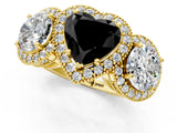 Yellow gold Three-Stone Fancy Black Heart Cut Halo Diamond Milgrain Band with Four-Prong Setting_1