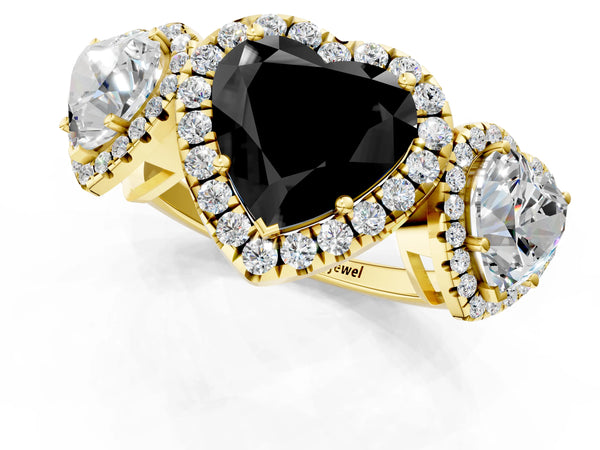 Yellow gold Three-Stone Fancy Black Heart Cut Halo Diamond Ring with Pave Band and Four-Prong Setting