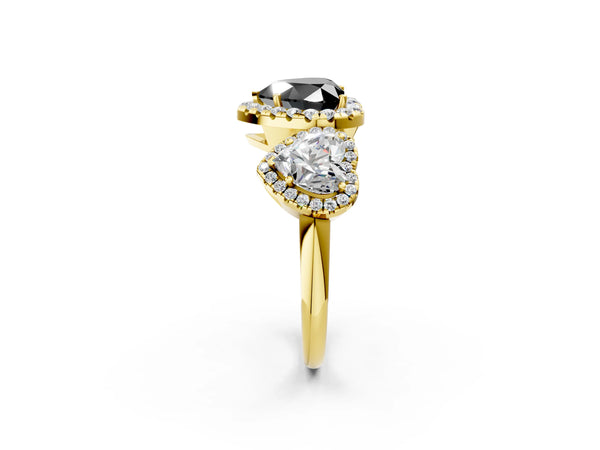 Yellow gold Three-Stone Fancy Black Heart Cut Halo Diamond Ring with Pave Band and Four-Prong Setting