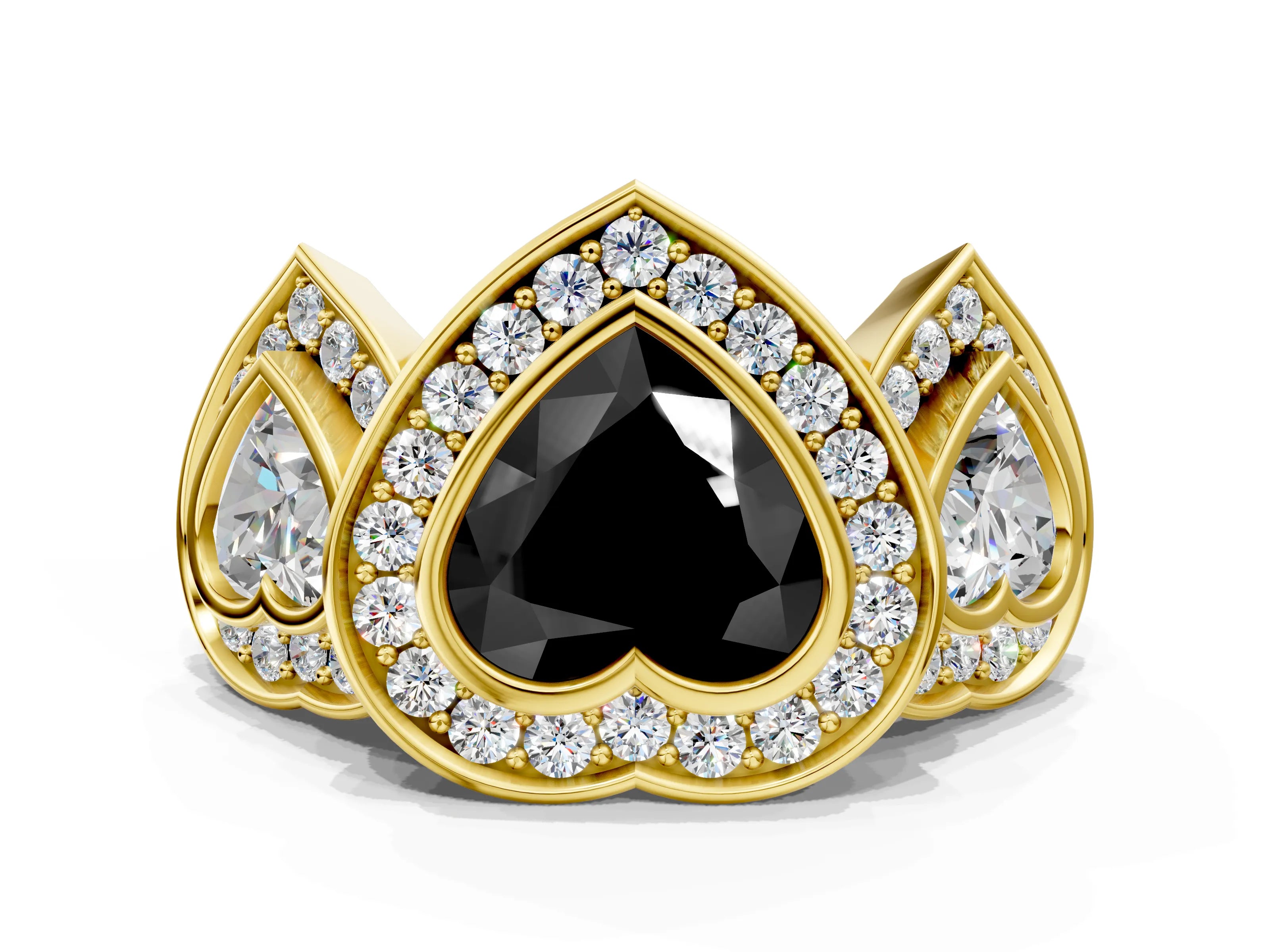 Yellow gold Three-Stone Fancy Black Heart Cut Halo Pavé Diamond Ring