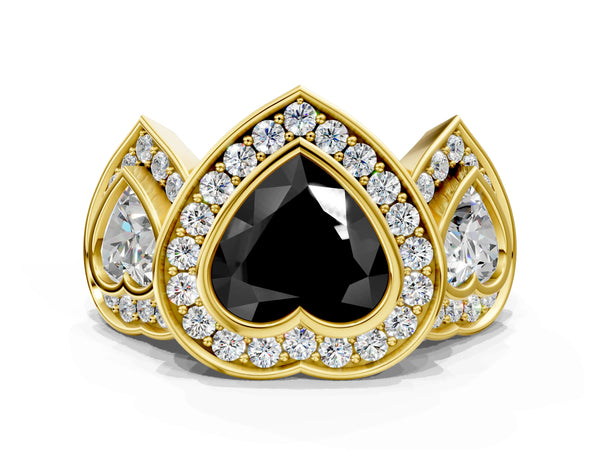 Yellow Gold Heart-Shaped Bezel Three Stone Halo Engagement Ring Setting for Black Center