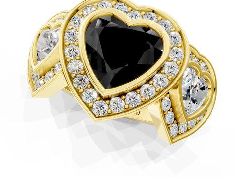 Yellow gold Three-Stone Fancy Black Heart Cut Halo Pavé Diamond Ring_1