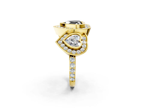 Yellow gold Three-Stone Fancy Black Heart Cut Halo Pavé Diamond Ring_2