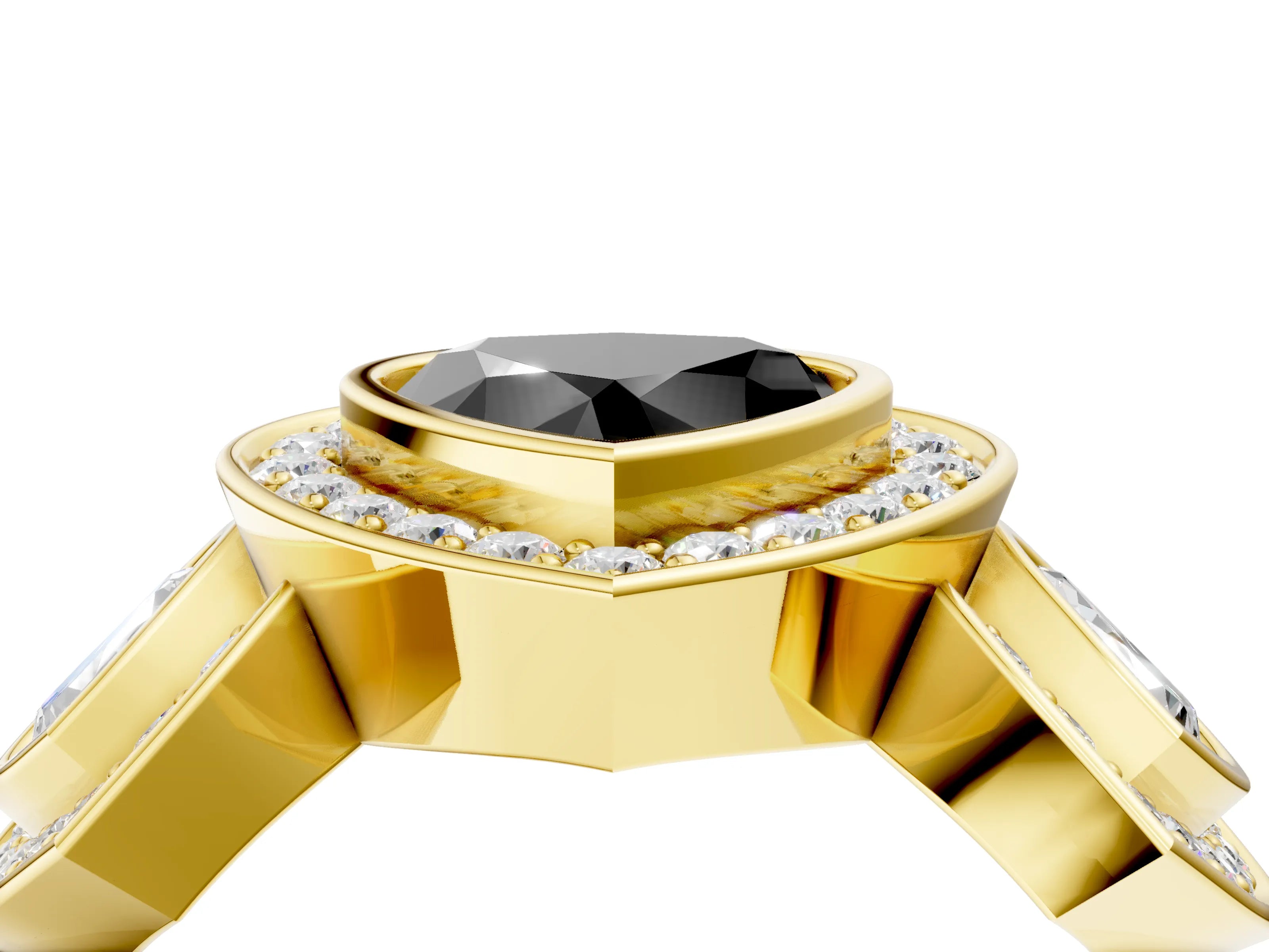 Yellow gold Three-Stone Fancy Black Heart Cut Halo Pavé Diamond Ring_4