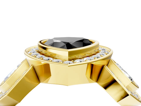 Yellow gold Three-Stone Fancy Black Heart Cut Halo Pavé Diamond Ring_4