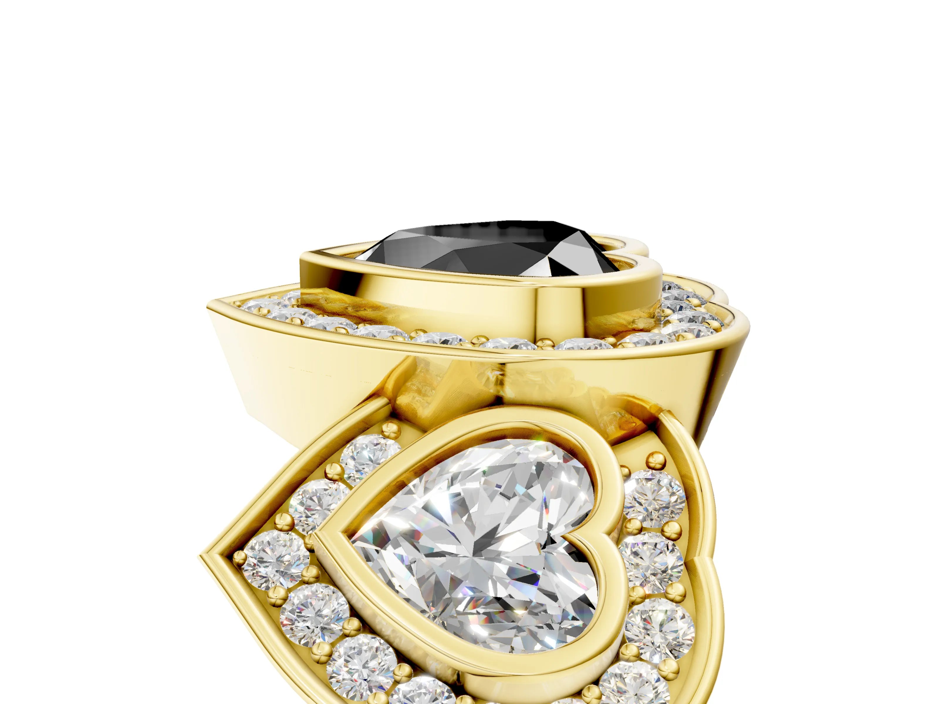 Yellow gold Three-Stone Fancy Black Heart Cut Halo Pavé Diamond Ring_5