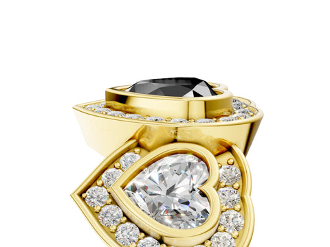 Yellow gold Three-Stone Fancy Black Heart Cut Halo Pavé Diamond Ring_5