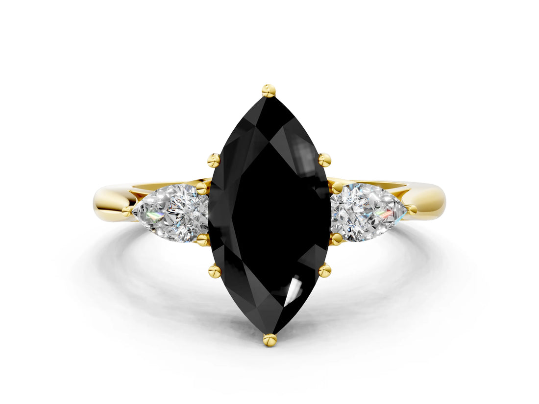 Yellow gold Three-Stone Fancy Black Marquise Cut Brilliant Diamond Solitaire Ring with Tapered Band and Four-Prong Setting_6