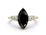 Yellow gold Three-Stone Fancy Black Marquise Cut Brilliant Diamond Solitaire Ring with Tapered Band and Four-Prong Setting_6