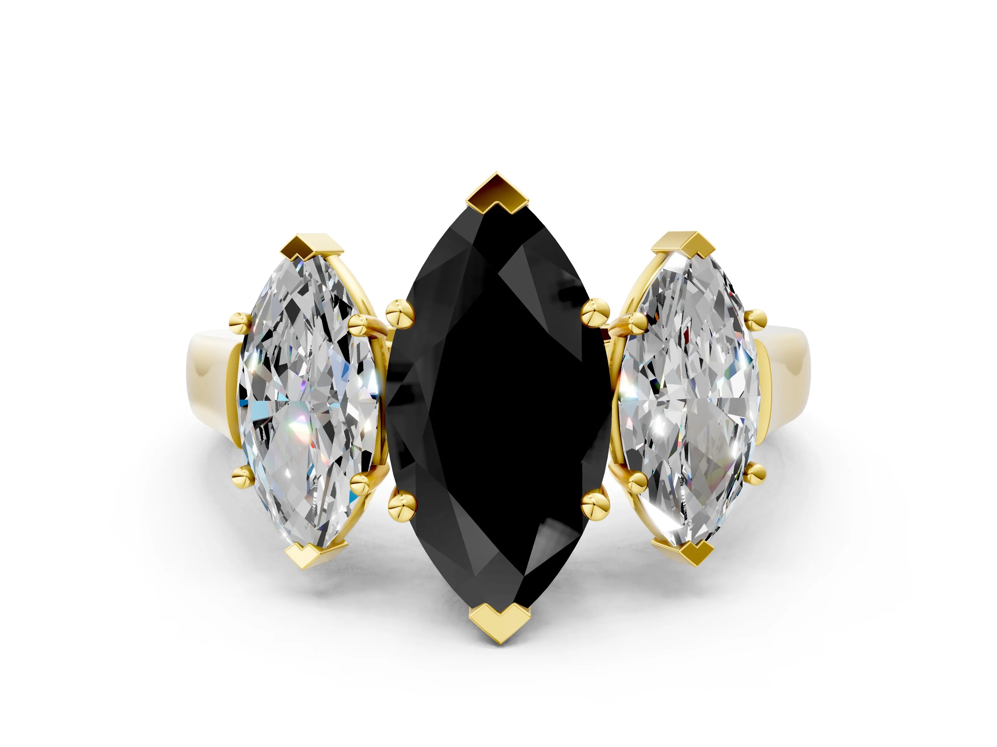 Yellow gold Three-Stone Fancy Black Marquise Cut Brilliant Diamond Trellis Ring with Comfort Fit Band