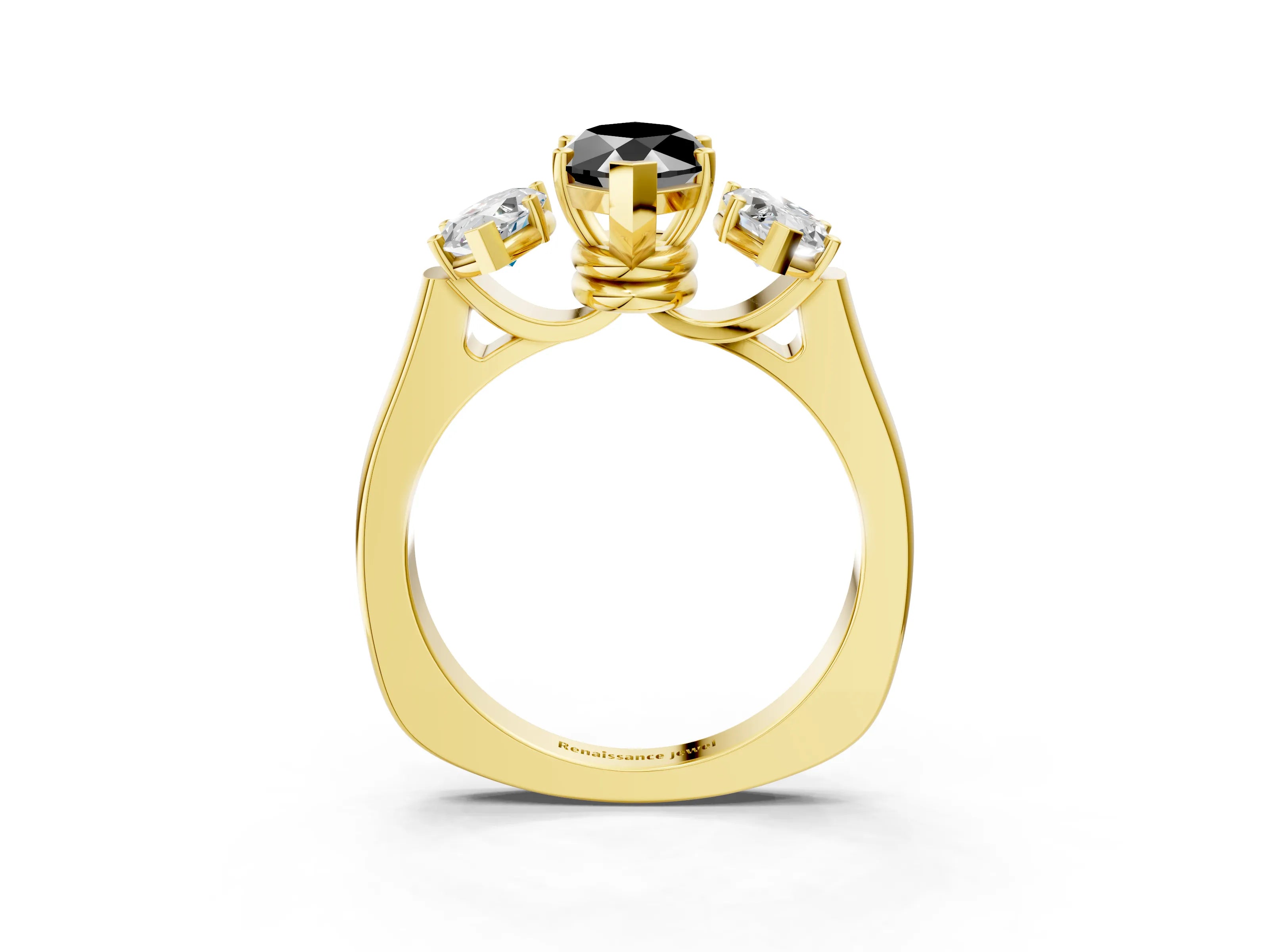Yellow gold Three-Stone Fancy Black Marquise Cut Brilliant Diamond Trellis Ring with Comfort Fit Band_3