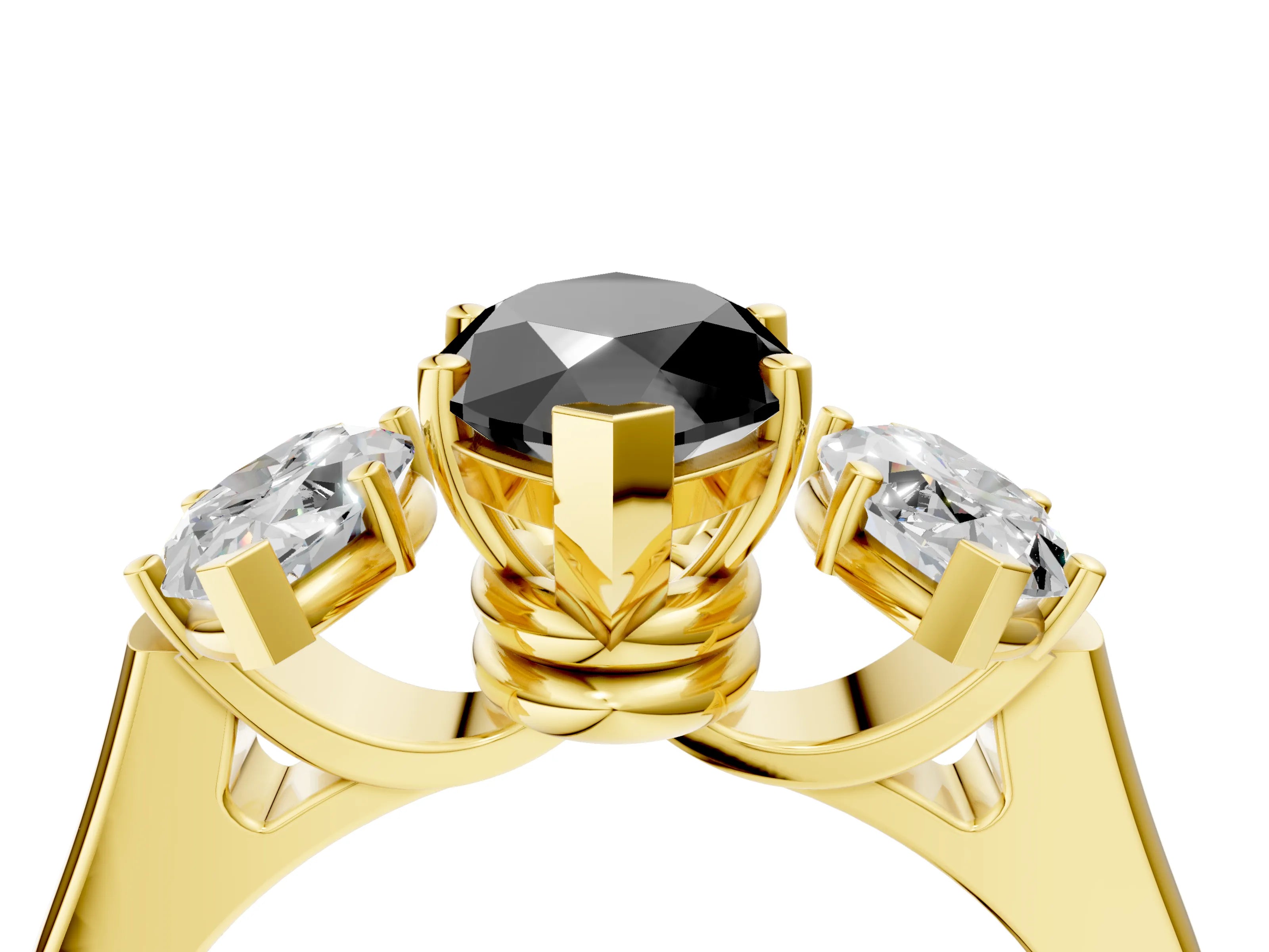 Yellow gold Three-Stone Fancy Black Marquise Cut Brilliant Diamond Trellis Ring with Comfort Fit Band_4
