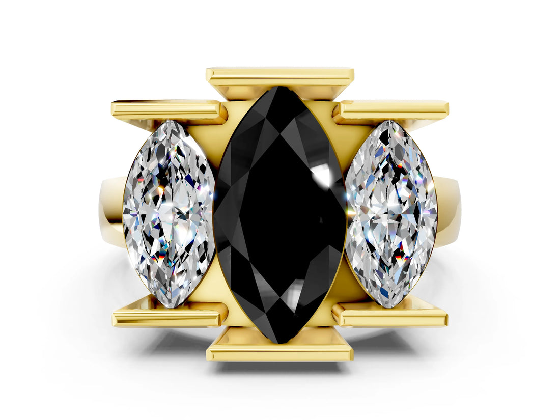 Yellow gold Three Stone Fancy Black Marquise Cut Cut Channel Set Diamond Ring