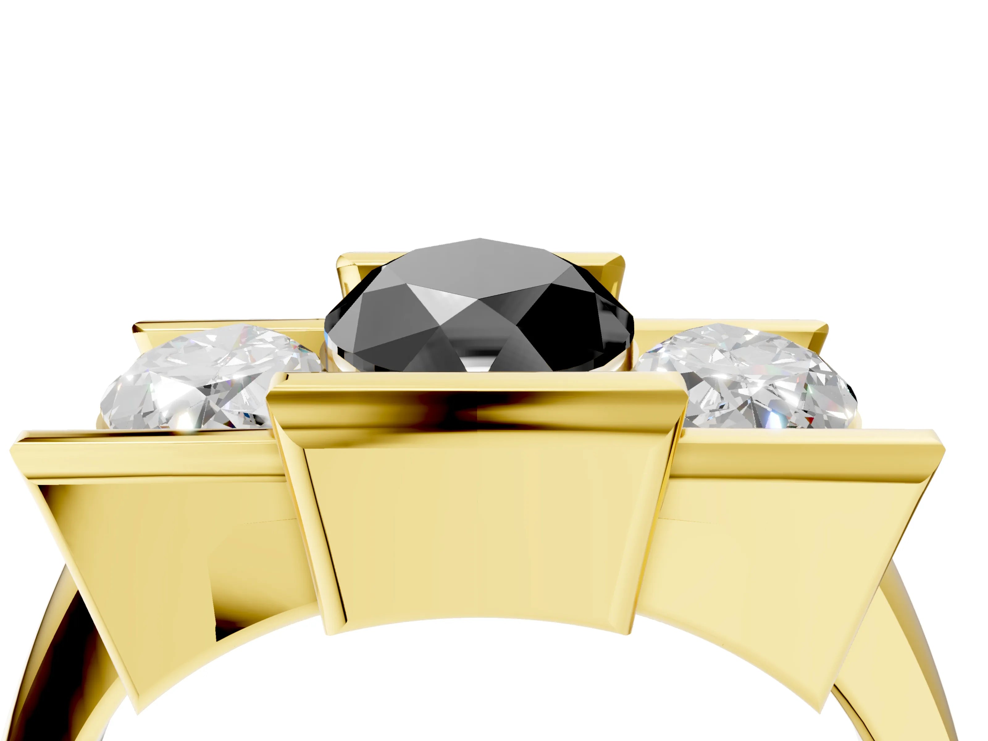 Yellow gold Three Stone Fancy Black Marquise Cut Cut Channel Set Diamond Ring_4