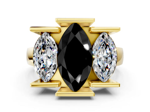 Yellow gold Three Stone Fancy Black Marquise Cut Cut Channel Set Diamond Ring