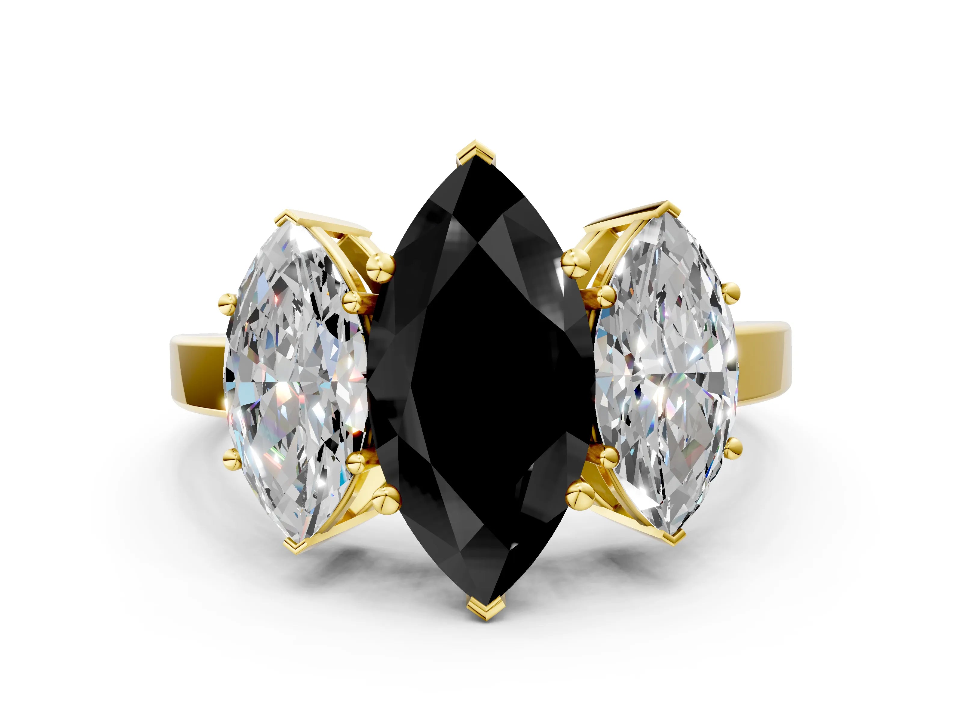 Yellow gold Three-Stone Fancy Black Marquise Cut Cut Diamond Engagement Ring with Flat Band and Four-Prong Setting