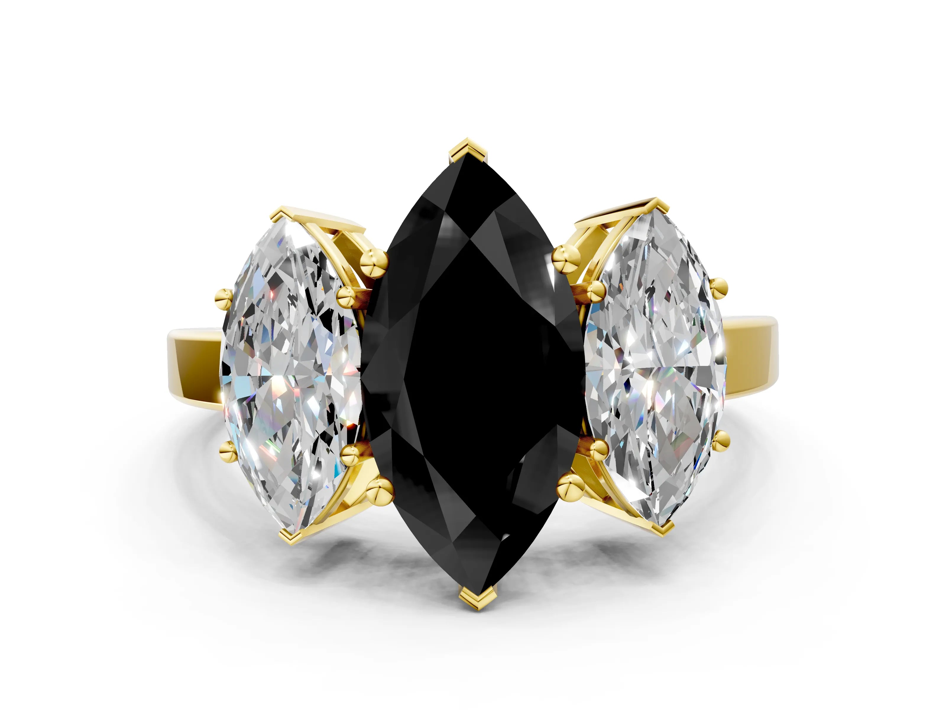 Yellow gold Three-Stone Fancy Black Marquise Cut Cut Diamond Engagement Ring with Flat Band and Four-Prong Setting_12