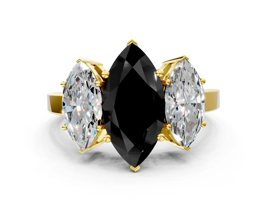 Yellow gold Three-Stone Fancy Black Marquise Cut Cut Diamond Engagement Ring with Flat Band and Four-Prong Setting_12
