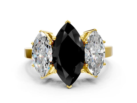 Yellow gold Three-Stone Fancy Black Marquise Cut Cut Diamond Engagement Ring with Flat Band and Four-Prong Setting_12