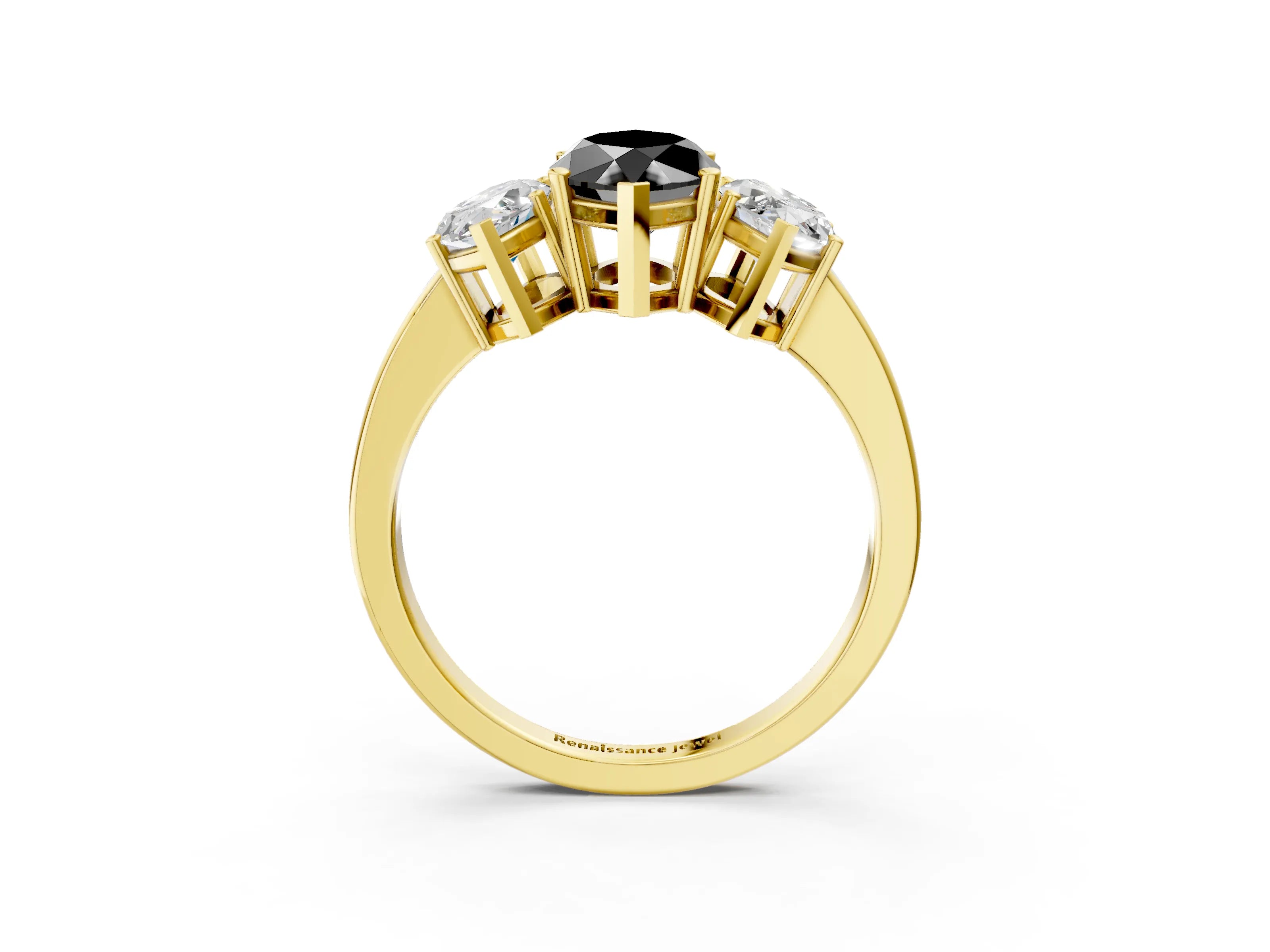 Yellow gold Three-Stone Fancy Black Marquise Cut Cut Diamond Engagement Ring with Flat Band and Four-Prong Setting_3