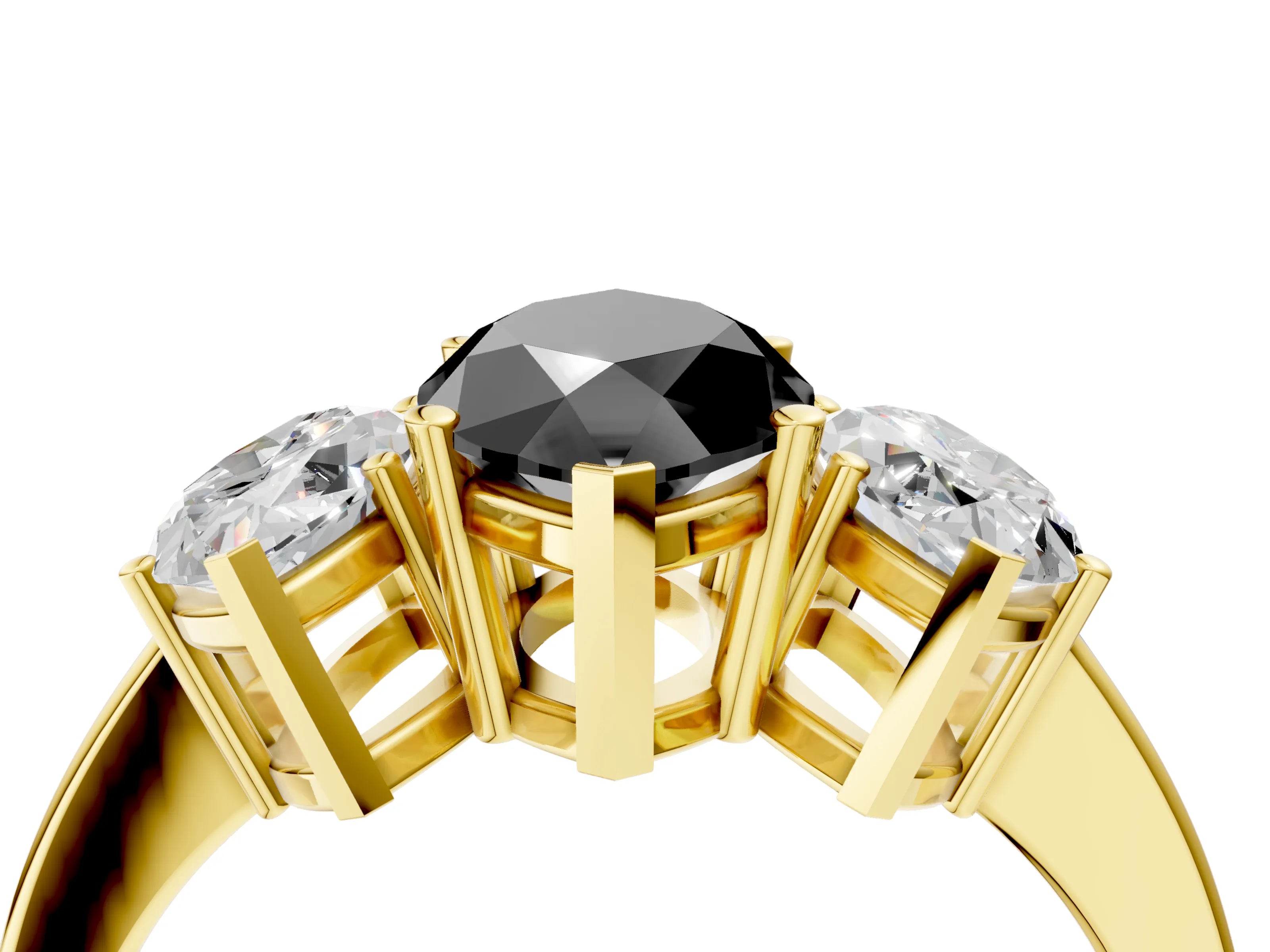Yellow gold Three-Stone Fancy Black Marquise Cut Cut Diamond Engagement Ring with Flat Band and Four-Prong Setting_4