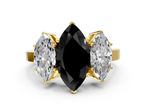 Yellow gold Three-Stone Fancy Black Marquise Cut Cut Diamond Engagement Ring with Flat Band and Four-Prong Setting