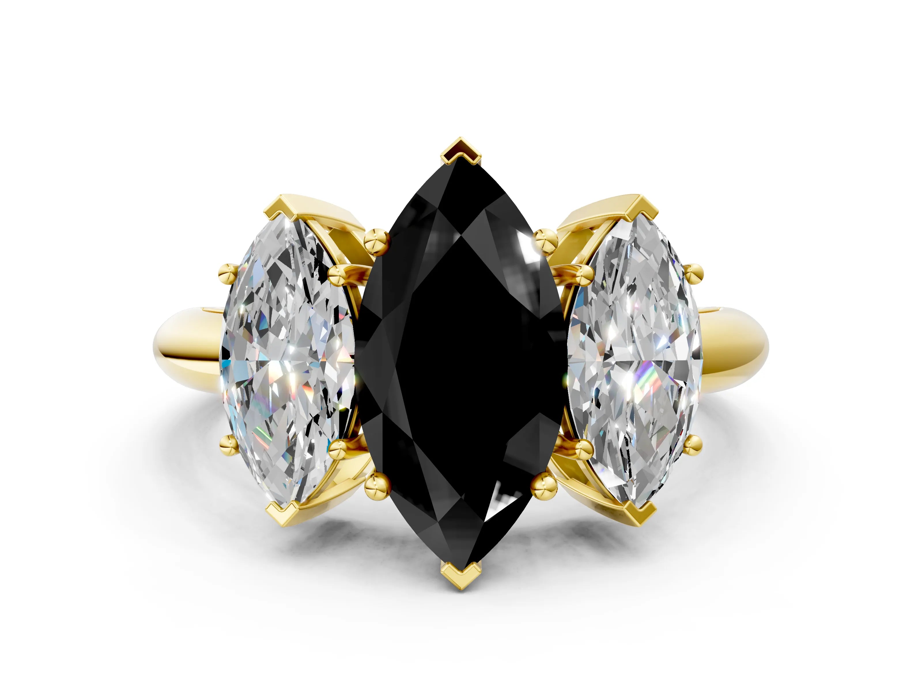 Yellow gold Three-Stone Fancy Black Marquise Cut Cut Diamond Engagement Ring with Prong Setting on a White Gold Band
