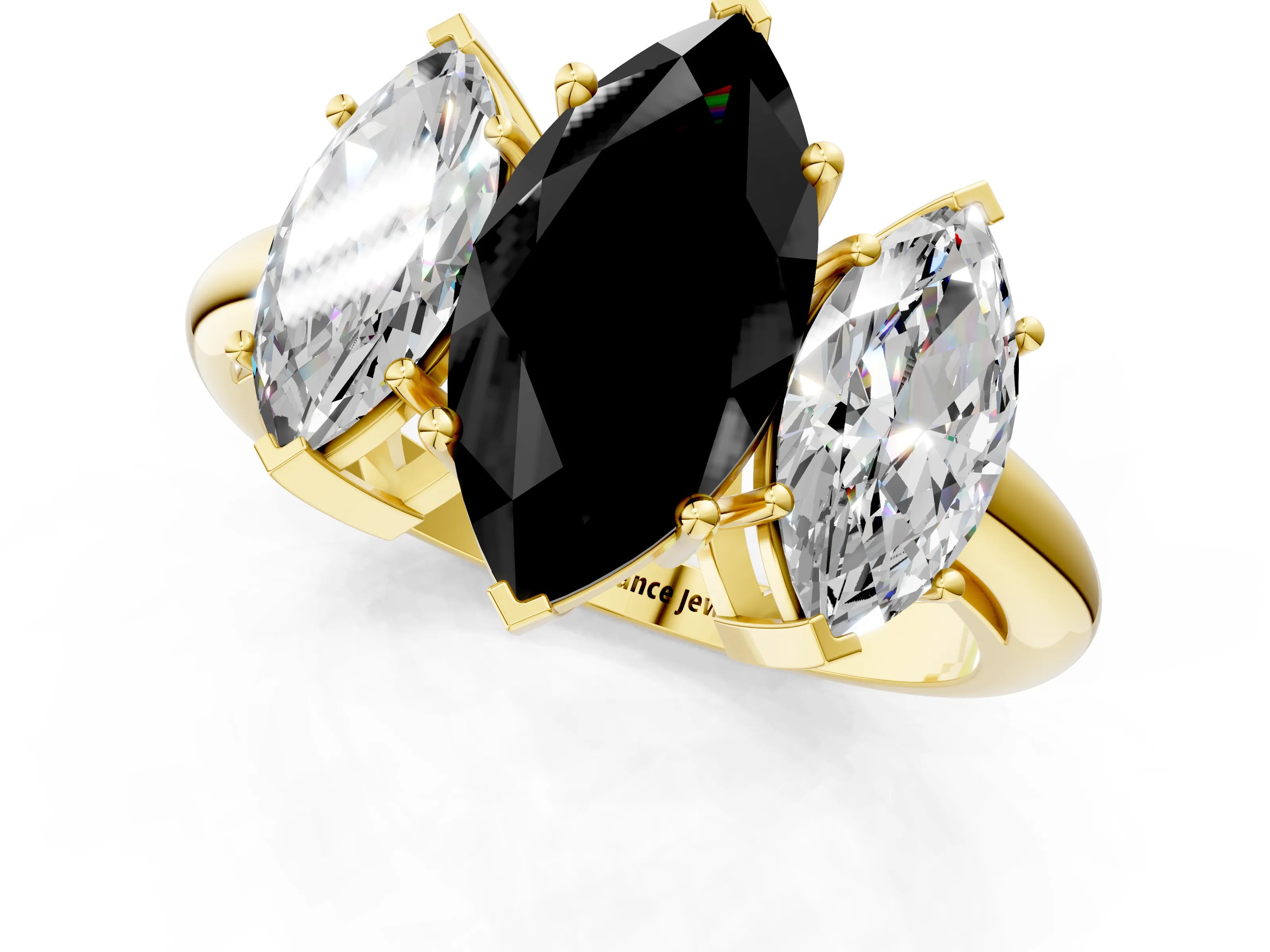 Yellow gold Three-Stone Fancy Black Marquise Cut Cut Diamond Engagement Ring with Prong Setting on a White Gold Band_1