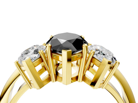 Yellow gold Three-Stone Fancy Black Marquise Cut Cut Diamond Engagement Ring with Prong Setting on a White Gold Band_28
