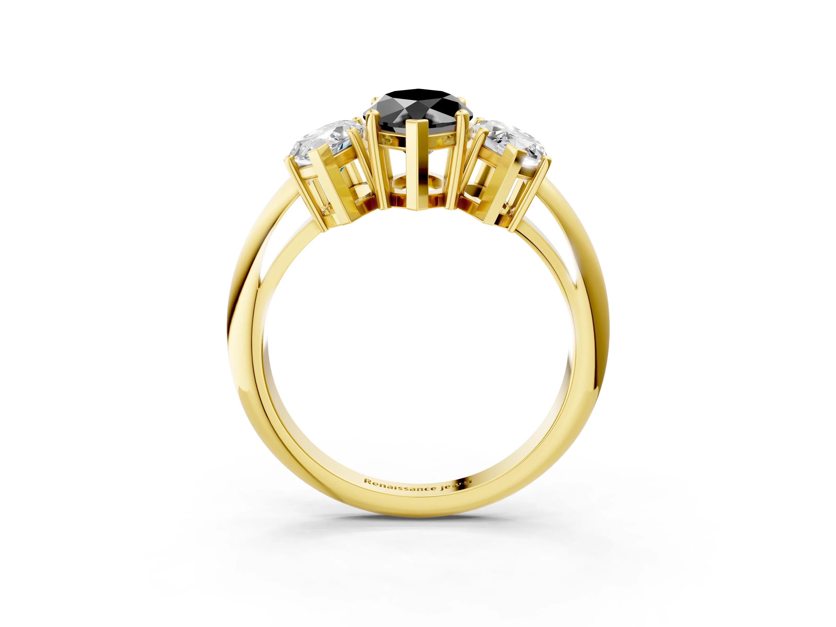 Yellow gold Three-Stone Fancy Black Marquise Cut Cut Diamond Engagement Ring with Prong Setting on a White Gold Band_3