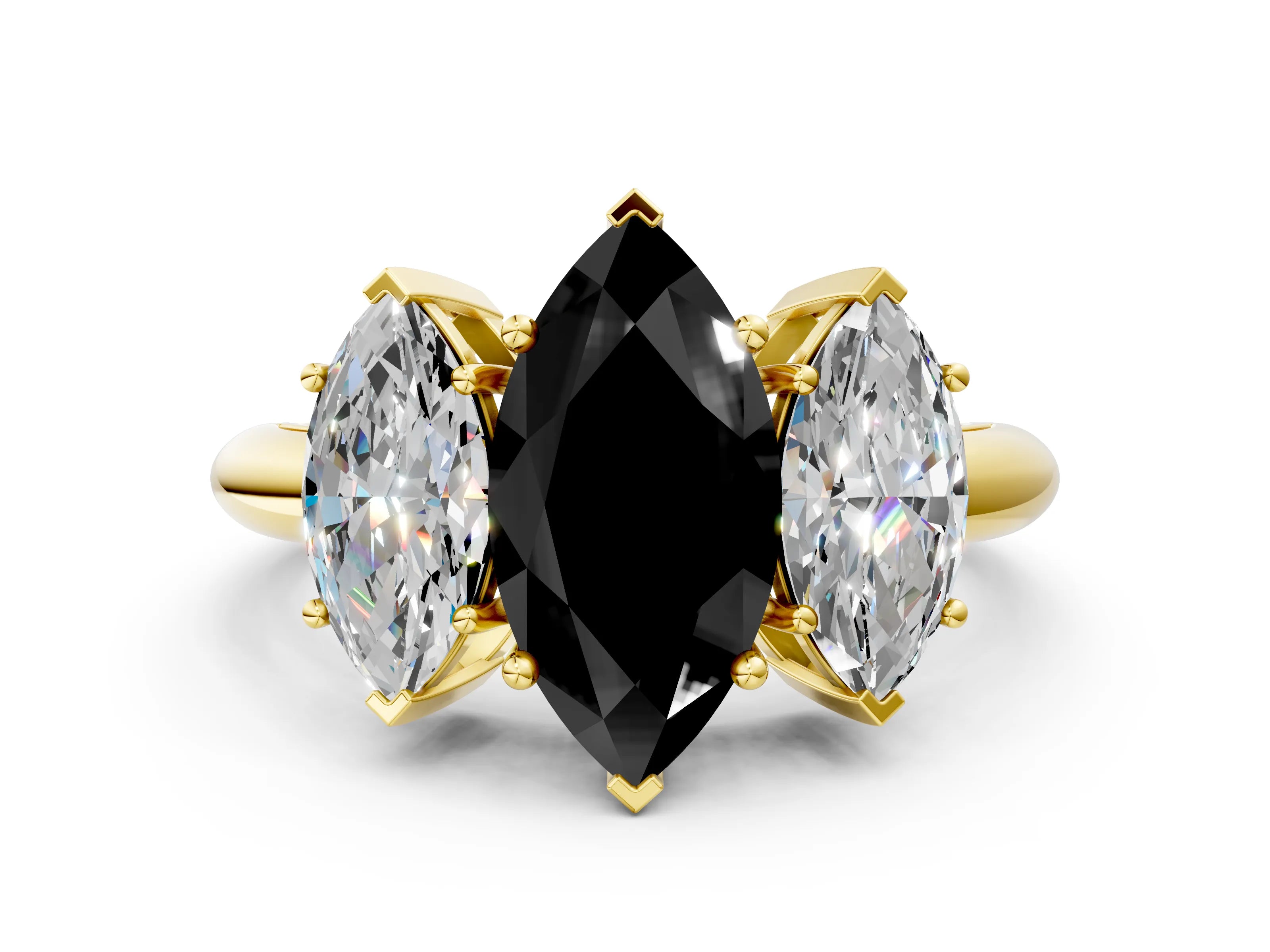 Yellow gold Three-Stone Fancy Black Marquise Cut Cut Diamond Engagement Ring with Prong Setting on a White Gold Band_36