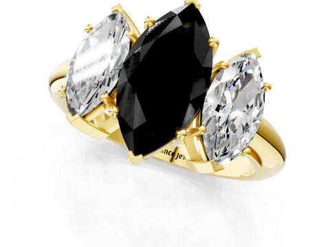 Yellow gold Three-Stone Fancy Black Marquise Cut Cut Diamond Engagement Ring with Prong Setting on a White Gold Band_37