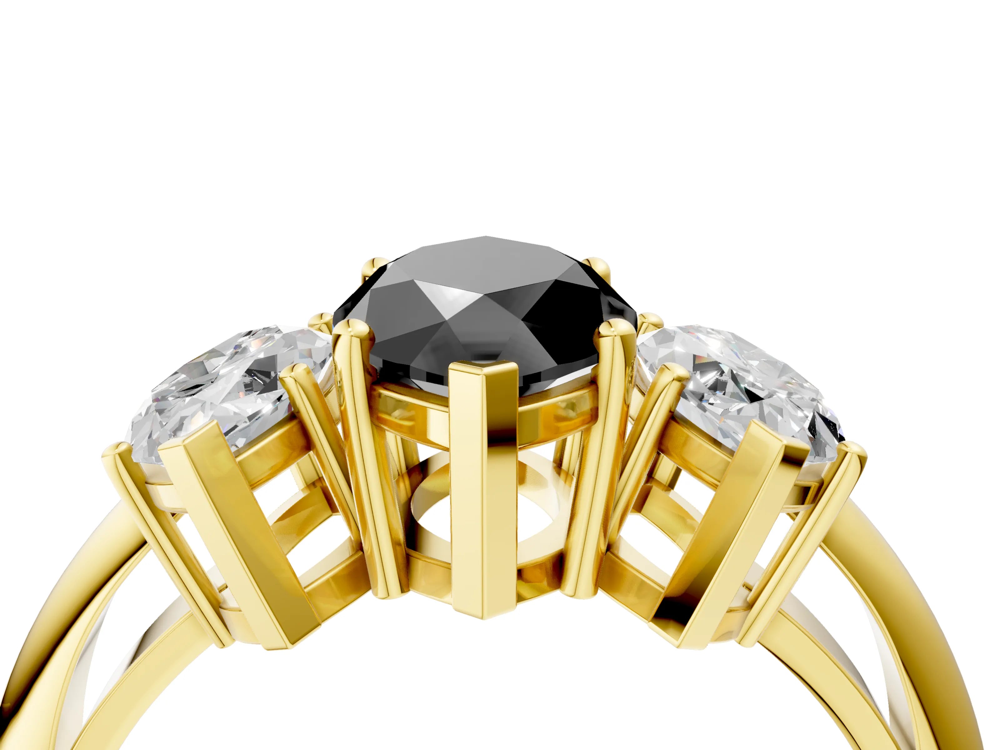 Yellow gold Three-Stone Fancy Black Marquise Cut Cut Diamond Engagement Ring with Prong Setting on a White Gold Band_4