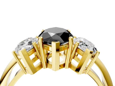 Yellow gold Three-Stone Fancy Black Marquise Cut Cut Diamond Engagement Ring with Prong Setting on a White Gold Band_4