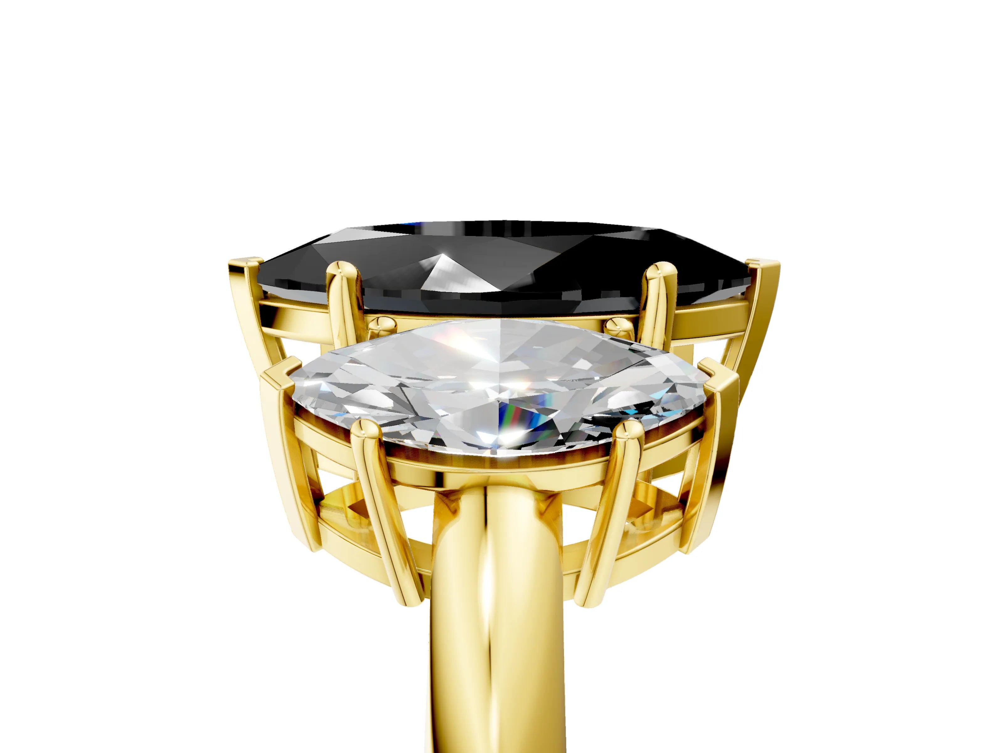 Yellow gold Three-Stone Fancy Black Marquise Cut Cut Diamond Engagement Ring with Prong Setting on a White Gold Band_5