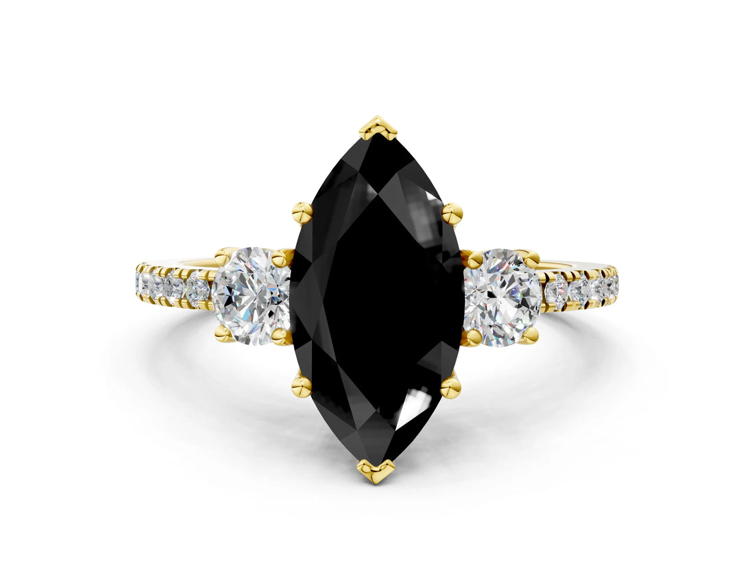 Yellow gold Three-Stone Fancy Black Marquise Cut Cut Diamond Pavé Band with Prong Setting_15
