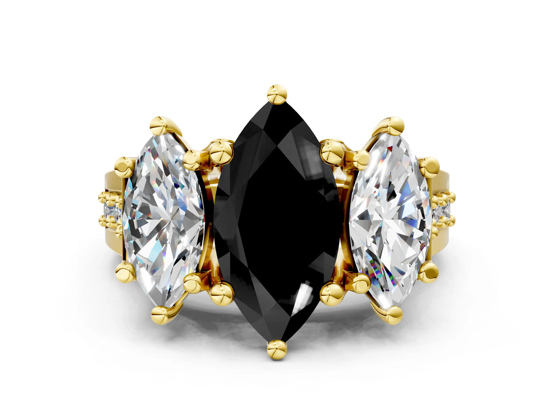 Yellow gold Three-Stone Fancy Black Marquise Cut Cut Diamond Ring with Channel-Set Band and Four-Prong Setting_12
