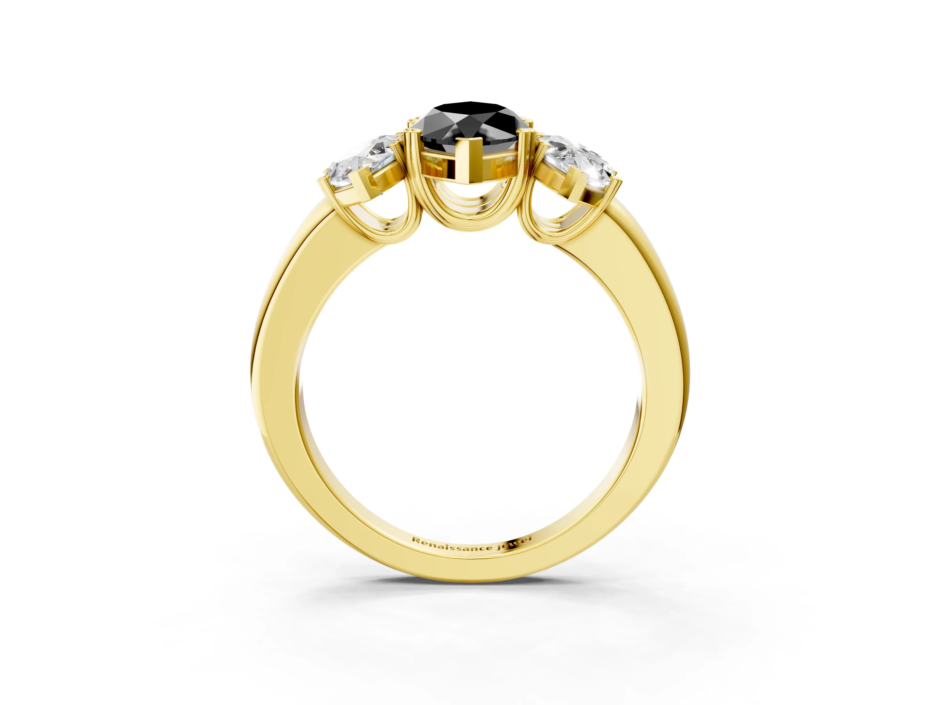 Yellow gold Three-Stone Fancy Black Marquise Cut Cut Diamond Ring with Channel Set Band and Four-Prong Setting_3