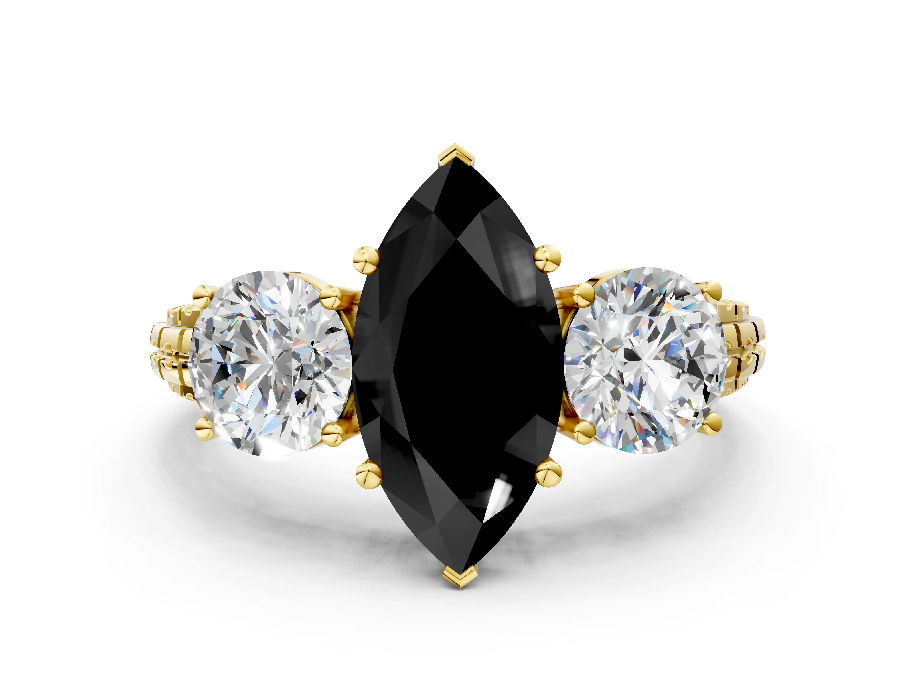 Yellow gold Three-Stone Fancy Black Marquise Cut Cut Diamond Ring with Channel-Set Band and Prong Setting