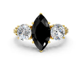 Yellow gold Three-Stone Fancy Black Marquise Cut Cut Diamond Ring with Channel-Set Band and Prong Setting