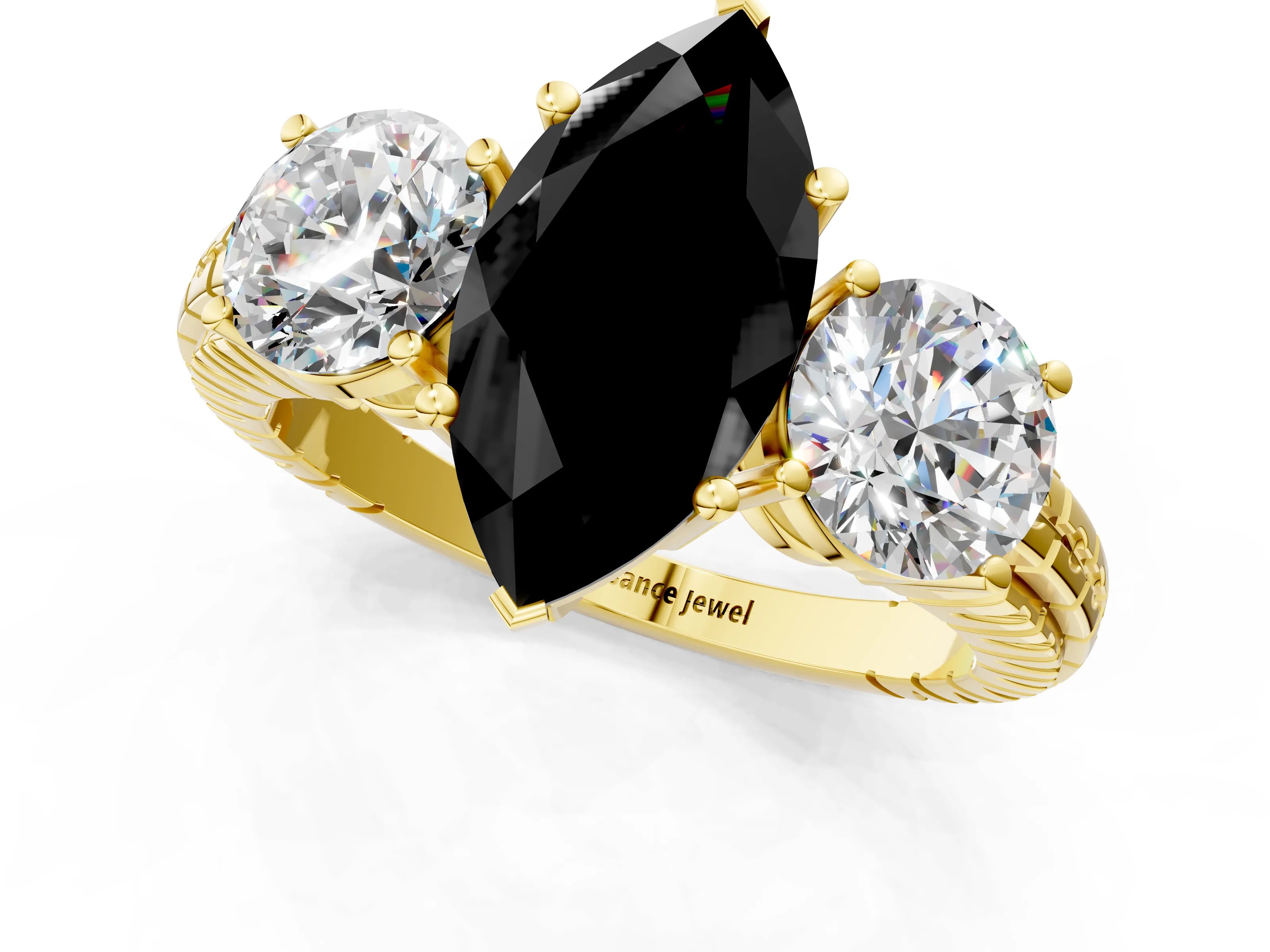 Yellow gold Three-Stone Fancy Black Marquise Cut Cut Diamond Ring with Channel-Set Band and Prong Setting_1