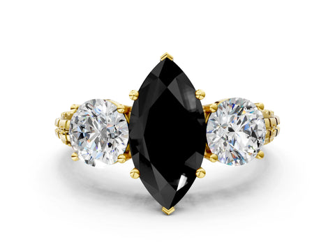 Yellow gold Three-Stone Fancy Black Marquise Cut Cut Diamond Ring with Channel-Set Band and Prong Setting
