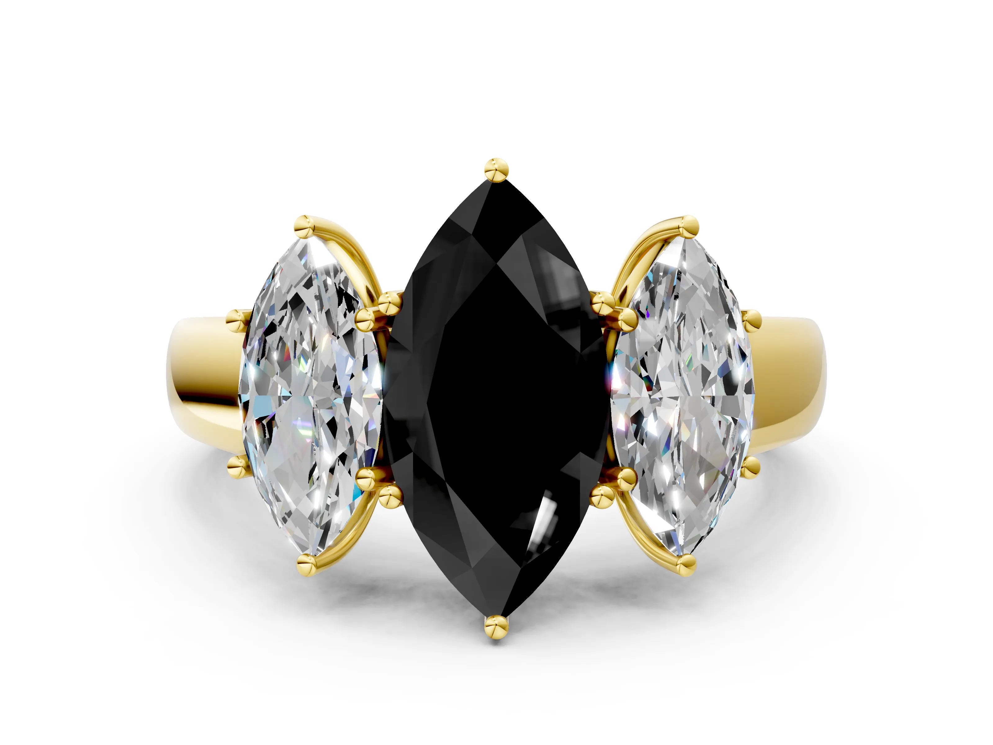 Yellow gold Three-Stone Fancy Black Marquise Cut Cut Diamond Ring with Prong Setting and Classic Band