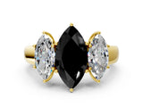 Yellow gold Three-Stone Fancy Black Marquise Cut Cut Diamond Ring with Prong Setting and Classic Band