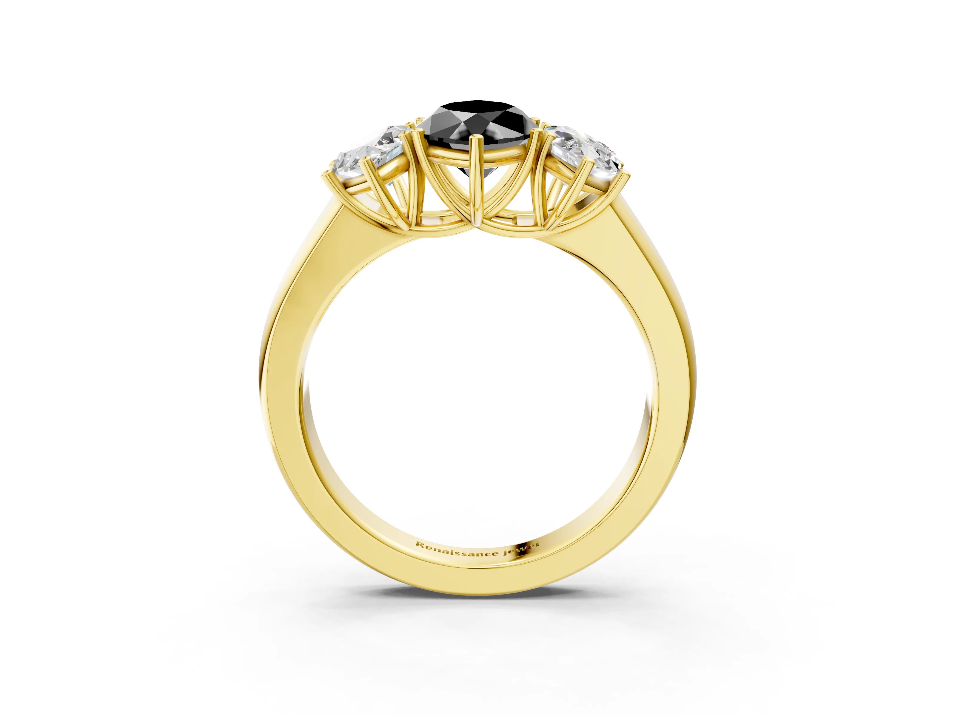 Yellow gold Three-Stone Fancy Black Marquise Cut Cut Diamond Ring with Prong Setting and Classic Band_3
