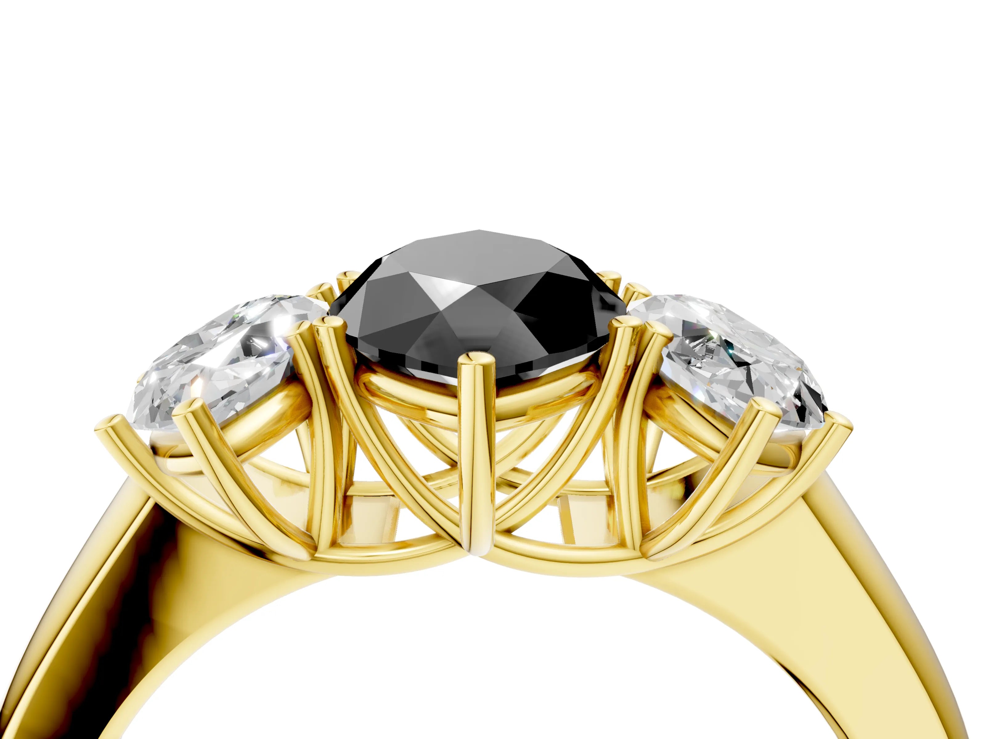 Yellow gold Three-Stone Fancy Black Marquise Cut Cut Diamond Ring with Prong Setting and Classic Band_4
