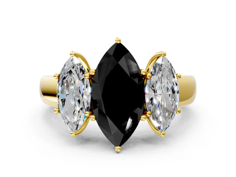 Yellow gold Three-Stone Fancy Black Marquise Cut Cut Diamond Ring with Prong Setting and Classic Band