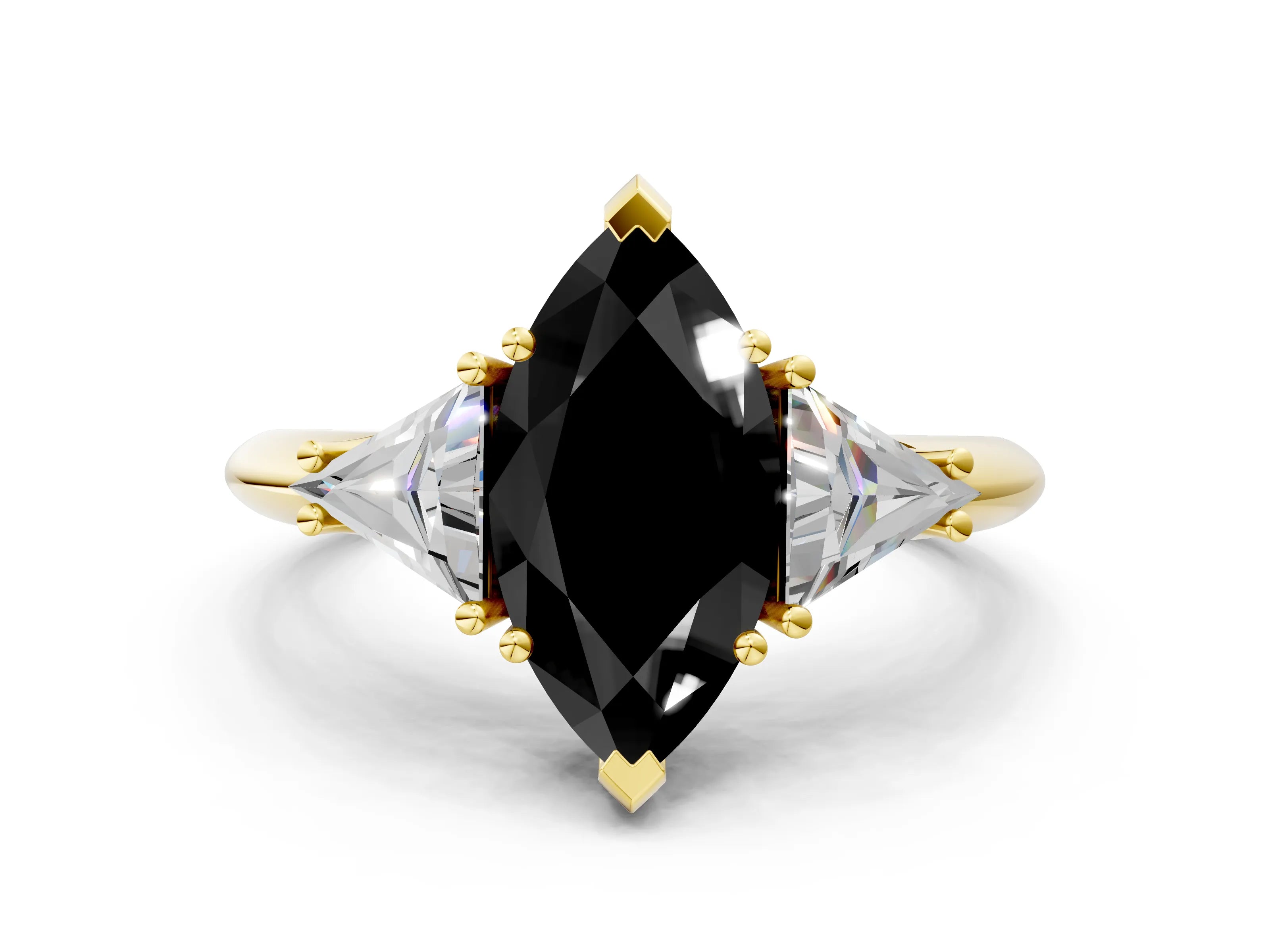 Yellow gold Three-Stone Fancy Black Marquise Cut Cut Diamond Ring with Trillion Side Stones and Four-Prong Setting_3