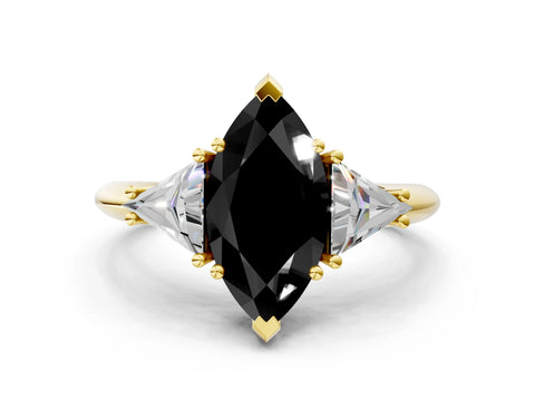Yellow gold Three-Stone Fancy Black Marquise Cut Cut Diamond Ring with Trillion Side Stones and Four-Prong Setting_3